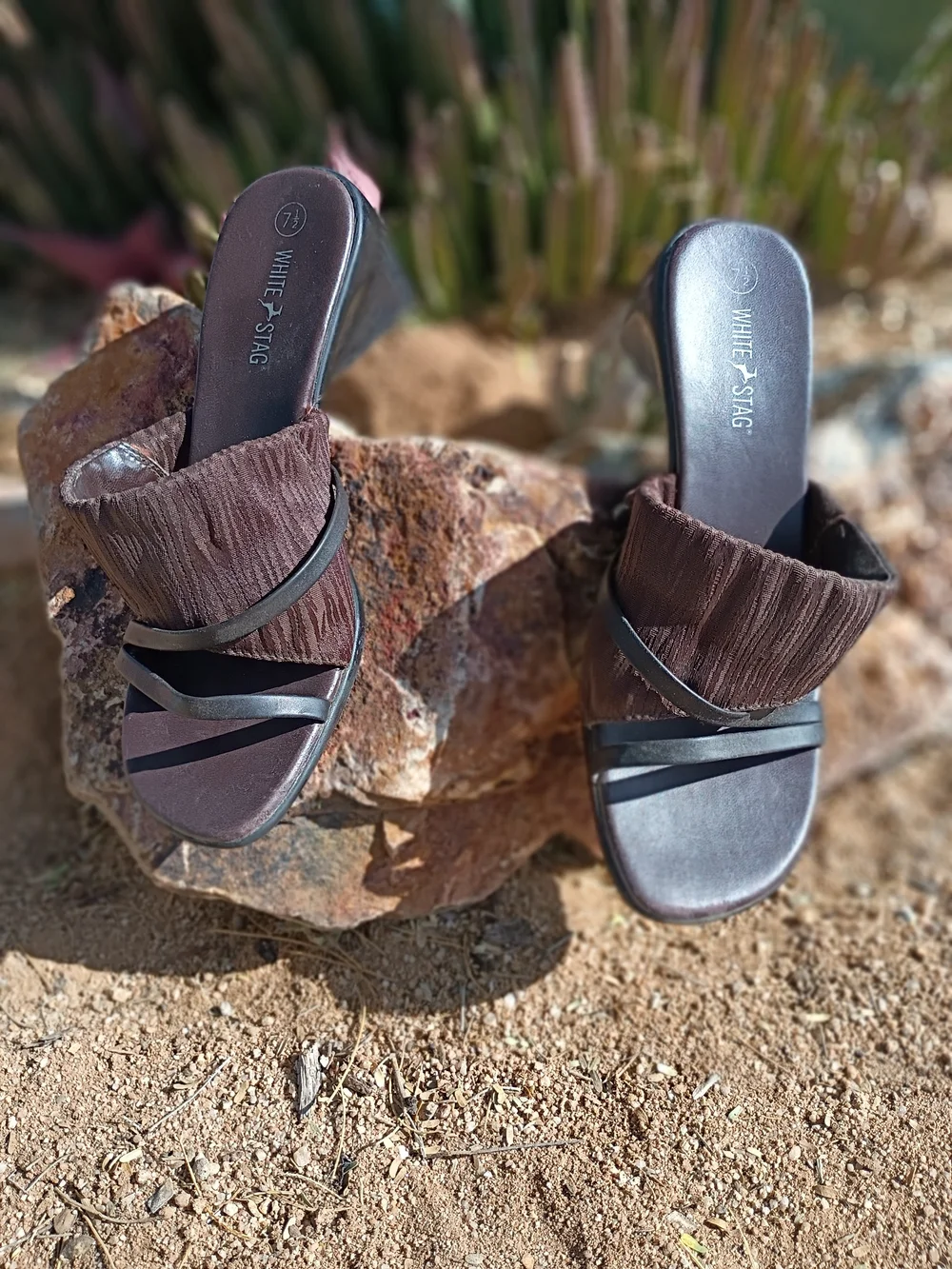 White Stag Brown Women's Slide Wedge Heel Sandals with Strap Detail